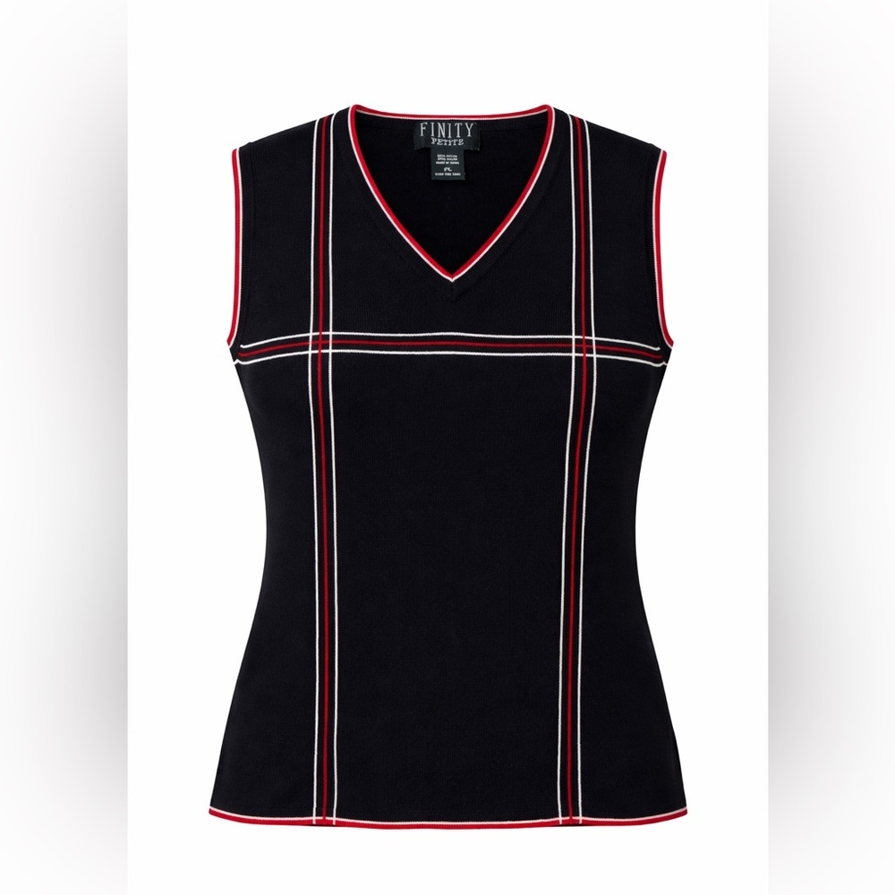 Finity Petite Sweater Vest Size PL Black Red White Plaid V-Neck Knit